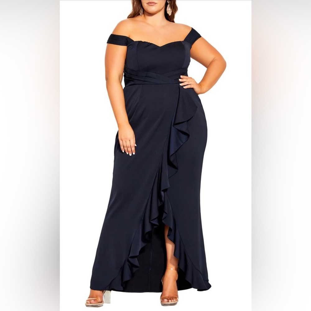 City Chic Hypnotize off the shoulder satin maxi dress
